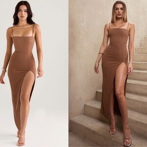 NWOT HOUSE OF CB Jaida Toast Brown Corset High Slit Maxi Dress sz XS